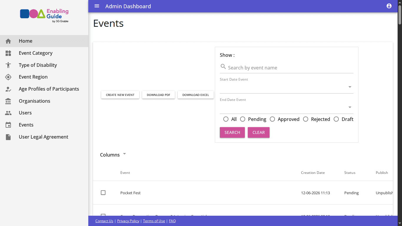 Enabling Village — Events Dashboard screenshot
